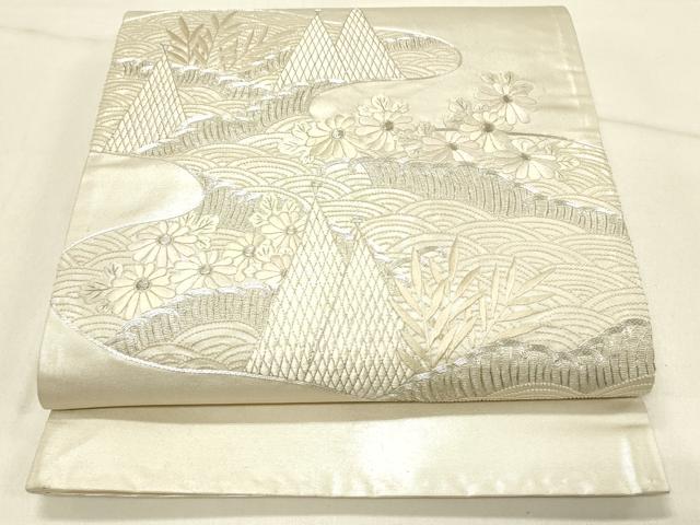 平和屋着物◎中国三大刺繍 相良刺繍 総刺繍 太鼓袋帯 駒刺繍 立波花文 銀糸 引箔 正絹 逸品 DABE3852qp