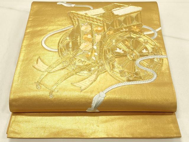 平和屋着物◎太鼓柄袋帯 総刺繍 駒刺繍 草花御所車文 金糸 引箔 正絹 逸品 DABE3855qp