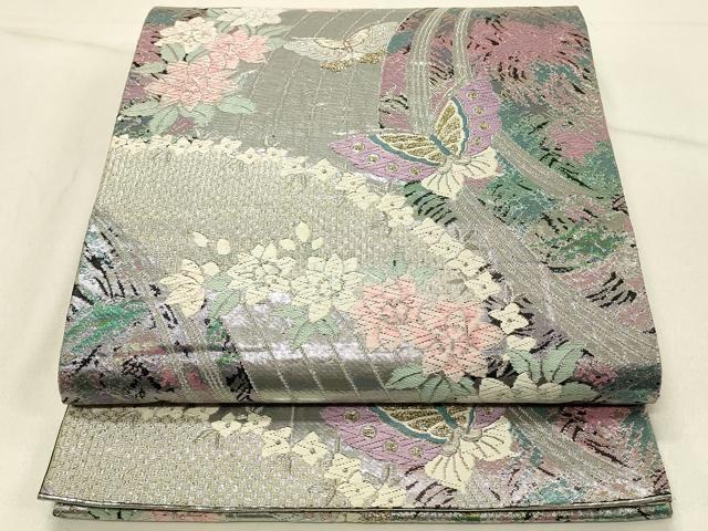 平和屋着物◎六通柄袋帯 花蝶文 金銀糸 正絹 逸品 DABE3863qp