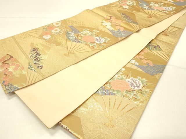 平和屋着物◎六通柄袋帯 扇面花文 金糸 正絹 逸品 DABE3890qp