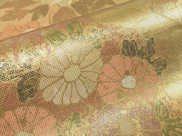 平和屋着物▼太鼓柄袋帯 螺鈿箔 地紙菊牡丹文 金彩 正絹 逸品 DABE4001az