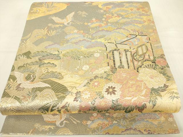 平和屋着物▼六通柄袋帯 御所車飛鶴花文 金糸 正絹 逸品 DABE4075az