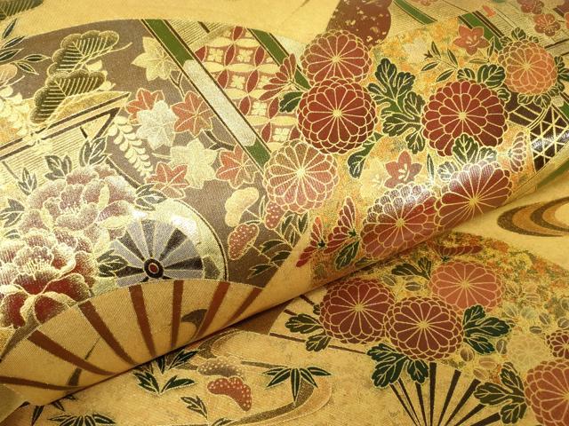 平和屋着物▼漆工芸作家 金森一博 六通柄袋帯 扇面御所車吉祥花文 金彩 引箔 正絹 逸品 DABE4077az