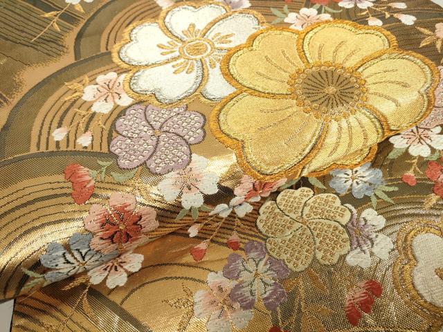 平和屋着物▼六通柄袋帯 花三彩 金銀糸 正絹 逸品 DABE4092az