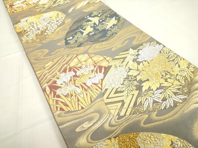 平和屋着物▼六通柄袋帯 飛鶴花蝶文 金銀糸 正絹 逸品 DABE4105az