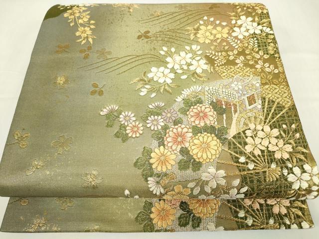 平和屋着物▼六通柄袋帯 御所車扇面花文 金糸 正絹 逸品 DABE4112az