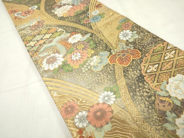 平和屋着物▼六通柄袋帯 菊牡丹文 金糸 正絹 逸品 DABE4119az