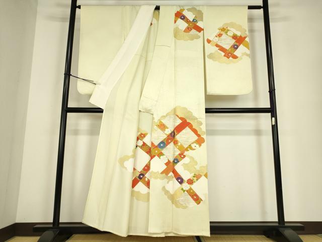 平和屋着物▽訪問着 単衣 駒刺繍 雲取り吉祥花文 金彩 正絹 逸品 DABE4141az