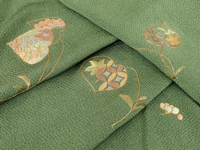 平和屋着物▽訪問着　単衣　総刺繍　駒刺繍　七宝双葉葵　金糸　鬼しぼ縮緬　正絹　逸品　DABE4169az 平和屋着物▽訪問着 単衣 総刺繍 駒刺繍 七宝双葉葵 金糸