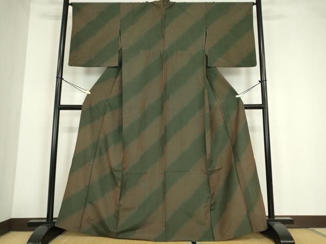 平和屋着物▽上質な紬 単衣 縞 正絹 逸品 DABE4233az