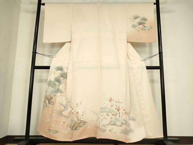 平和屋着物▽訪問着　単衣　刺繍　流水枝花文　暈し染め　正絹　逸品　DABE4302az 平和屋着物▽訪問着 単衣 刺繍 流水枝花文 暈し染め 正絹 逸品
