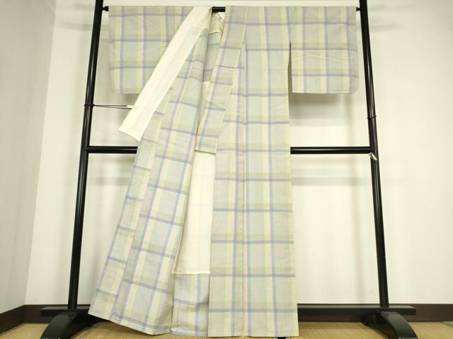 平和屋着物▽結城紬 単衣 格子 証紙付き 正絹 逸品 DABE4311az