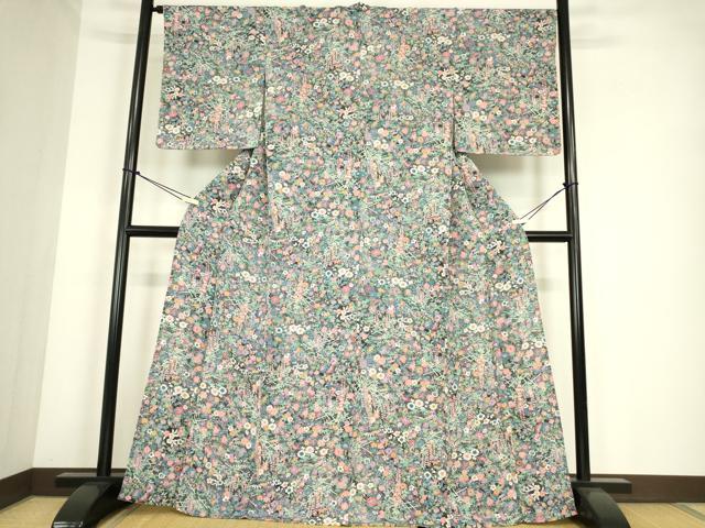 平和屋着物▽上質な小紋 単衣 草花文 金彩 鬼しぼ縮緬 正絹 逸品 未使用 DABE4312az