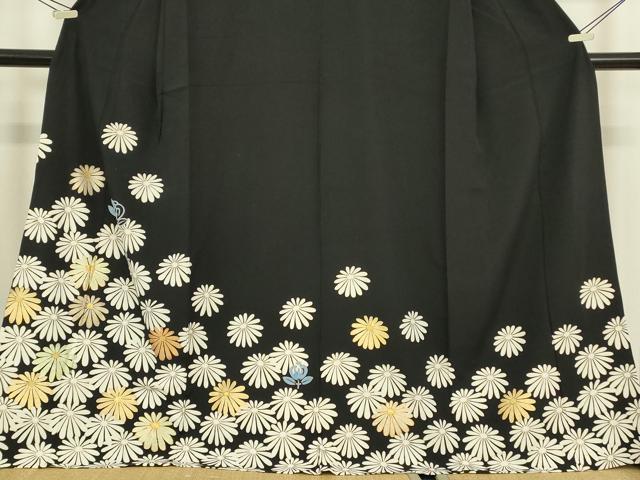 平和屋着物▽訪問着 単衣 駒刺繍 菊文 黒地 金彩 正絹 逸品 DABE4316az