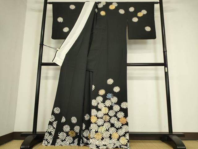 平和屋着物▽訪問着 単衣 駒刺繍 菊文 黒地 金彩 正絹 逸品 DABE4316az
