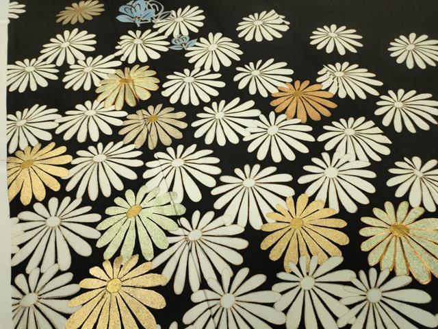 平和屋着物▽訪問着 単衣 駒刺繍 菊文 黒地 金彩 正絹 逸品 DABE4316az