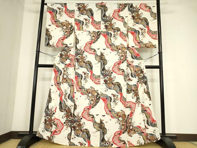 平和屋着物▽上質な小紋 単衣 花車文 金糸 正絹 逸品 DABE4325az