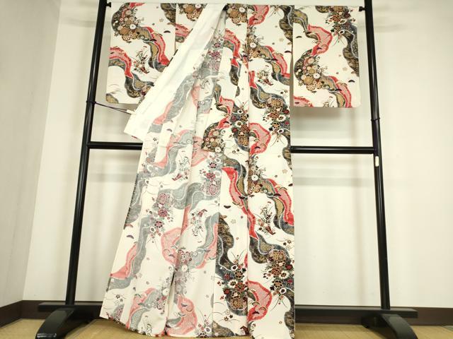 平和屋着物▽上質な小紋 単衣 花車文 金糸 正絹 逸品 DABE4325az