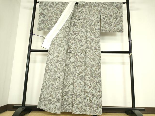 平和屋着物▽上質な小紋 単衣 藍染 草木染 更紗花文 反端付き 正絹 逸品 DABE4330az
