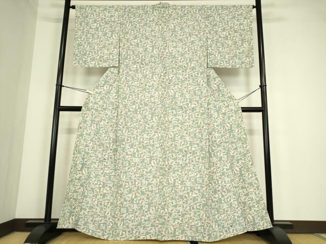 平和屋着物▽上質な小紋 単衣 型染 松竹梅 色紙花文 反端付き 正絹 逸品 DABE4335az