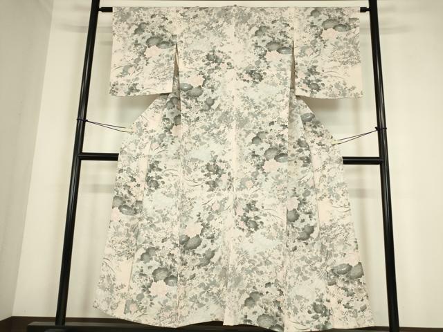 平和屋着物▽上質な小紋 単衣 片輪車牡丹文 鬼しぼ縮緬 正絹 逸品 DABE4363az