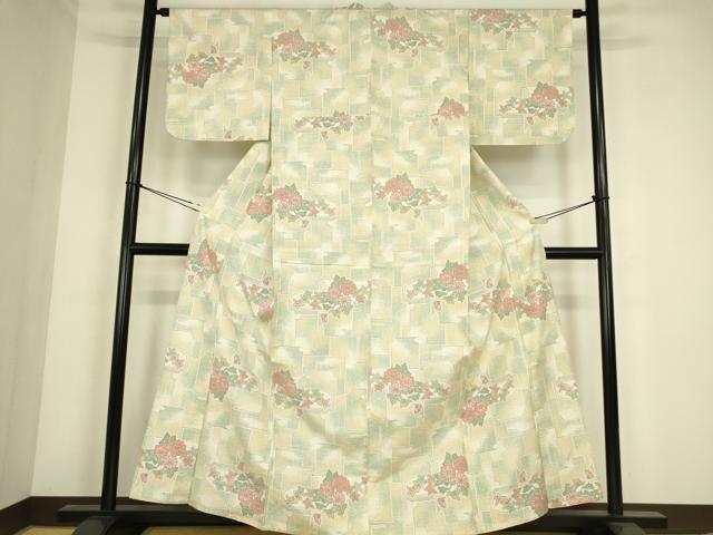 平和屋着物▽上質な紬 単衣 霞取り花文 正絹 逸品 DABE4382az