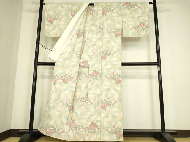 平和屋着物▽上質な紬 単衣 霞取り花文 正絹 逸品 DABE4382az