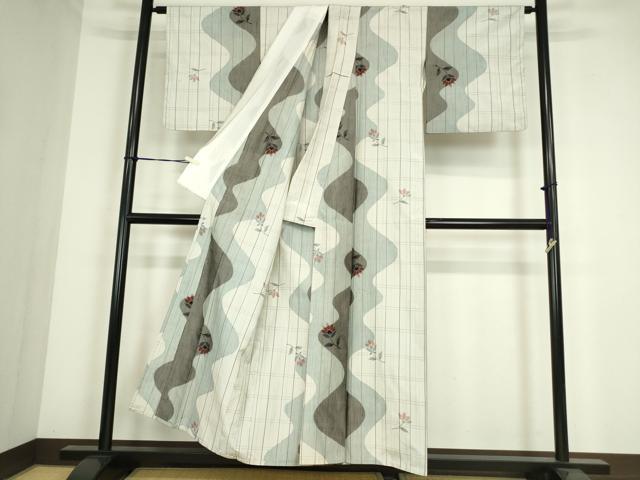 平和屋着物▽上質な紬 単衣 格子花文 正絹 逸品 DABE4395az