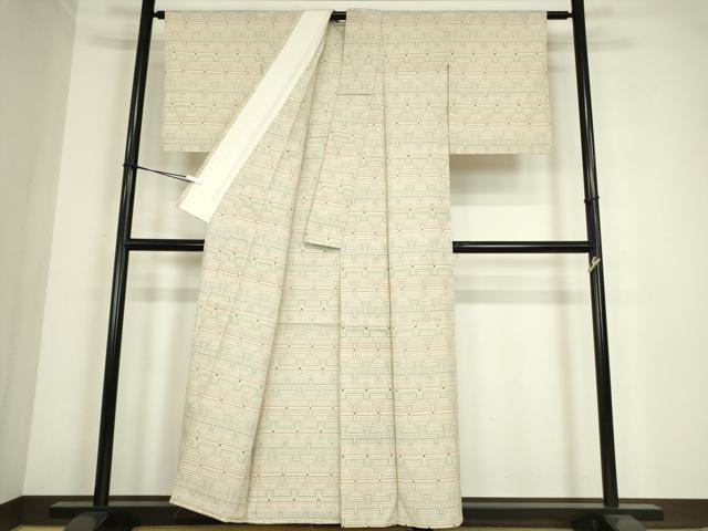 平和屋着物▽本塩沢 単衣 幾何学文 正絹 逸品 DABE4399az