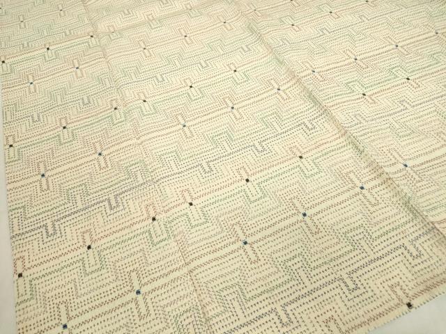 平和屋着物▽本塩沢 単衣 幾何学文 正絹 逸品 DABE4399az