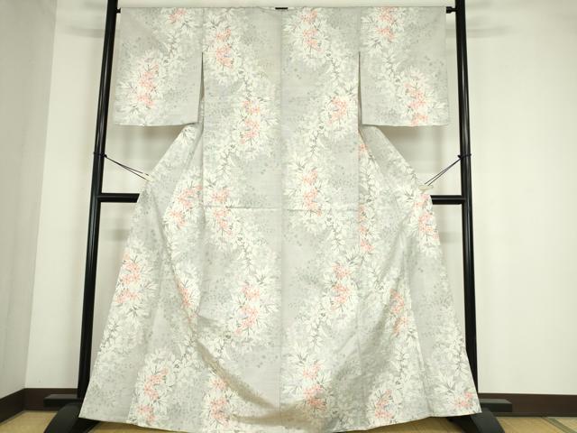 平和屋着物▽上質な紬 単衣 草花文 正絹 逸品 DABE4401az