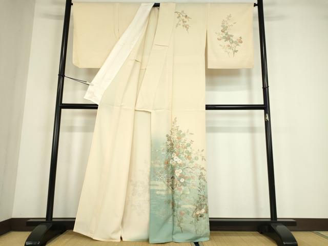 平和屋着物▽訪問着 単衣 花車檜扇花文 暈し染め 金銀彩 正絹 逸品 DABE4421az