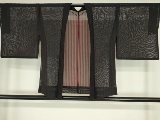 平和屋着物▽羽織 スリーシーズン 春夏秋 塵除け 紗 縞 黒地 正絹 逸品 DABE4436az