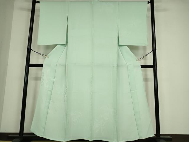 平和屋着物▽無地絵羽訪問着 単衣 舞花地紋 白緑色 正絹 逸品 DABE4443az