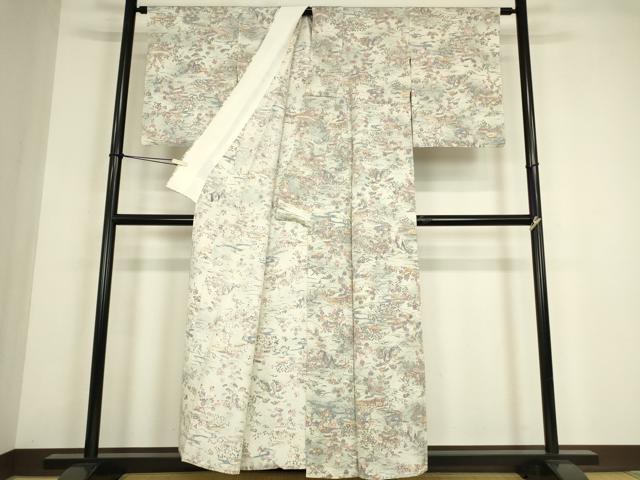 平和屋着物▽上質な小紋 単衣 茶屋辻風景花文 正絹 逸品 DABE4474az