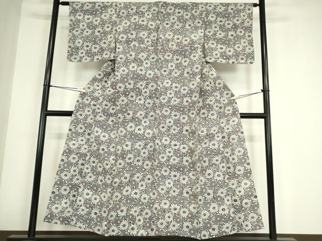 平和屋着物▽上質な小紋 単衣 紬地 型染め 菊唐草文 正絹 逸品 DABE4526az