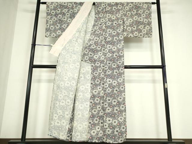 平和屋着物▽上質な小紋 単衣 紬地 型染め 菊唐草文 正絹 逸品 DABE4526az