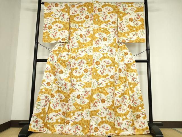 平和屋着物▽上質な小紋 単衣 雲取り花文 金彩 正絹 逸品 DABE4532az