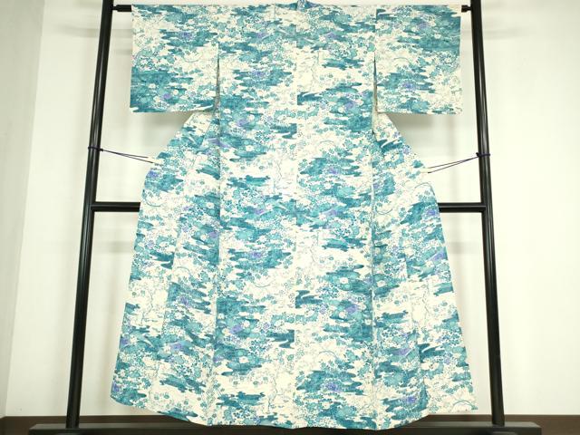 平和屋着物▽上質な小紋 単衣 流水扇面花 正絹 逸品 DABE4551az