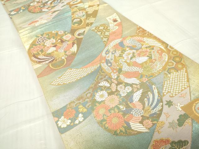 平和屋着物▼六通柄袋帯 短冊孔雀花文 金糸 正絹 逸品 DABE4574az