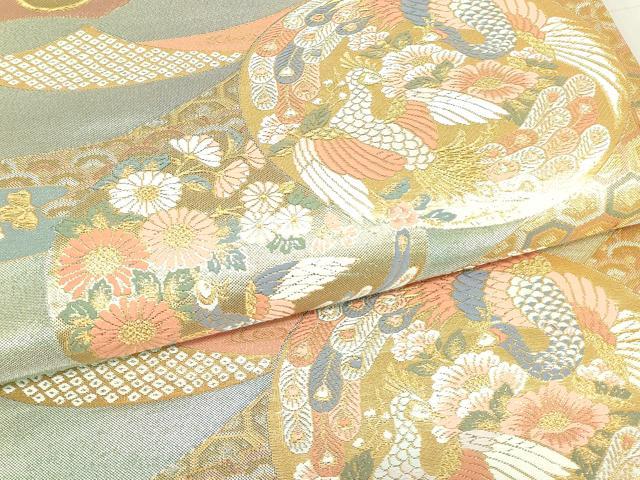 平和屋着物▼六通柄袋帯 短冊孔雀花文 金糸 正絹 逸品 DABE4574az