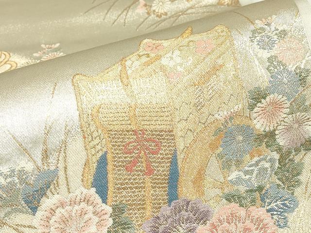 平和屋着物▼六通柄袋帯 御所車花文 金糸 正絹 逸品 DABE4625az