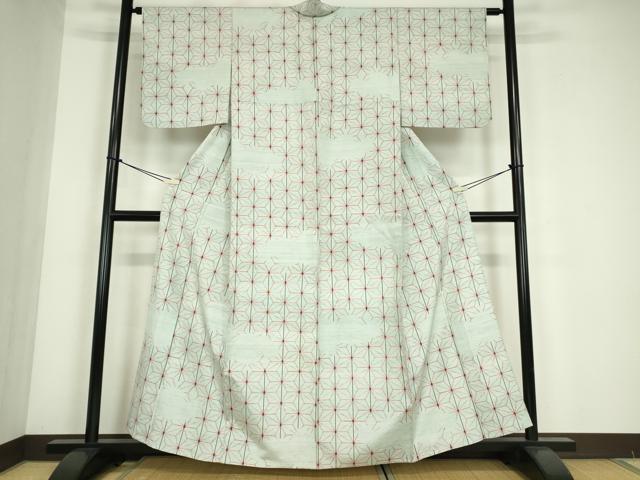 平和屋着物▽上質な紬 単衣 麻の葉文 正絹 逸品 DABE4639az