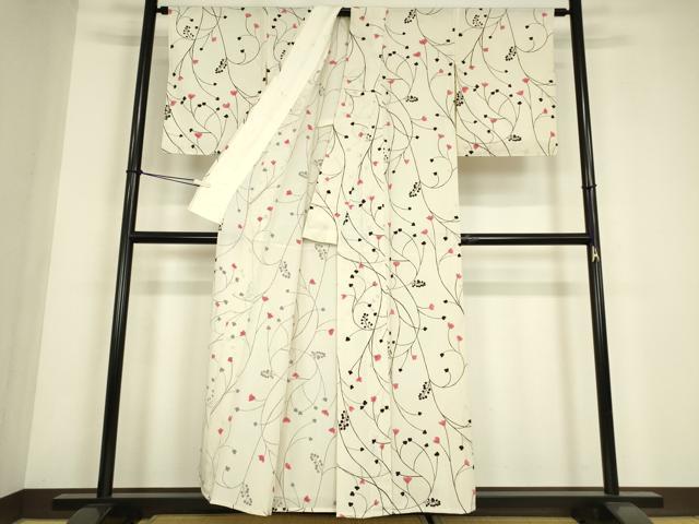 平和屋着物▽上質な小紋 単衣 枝花文 正絹 逸品 DABE4661az