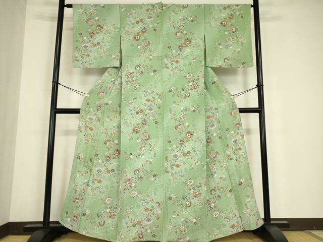 平和屋着物▽上質な小紋 単衣 更紗花文 金彩 正絹 逸品 DABE4674az