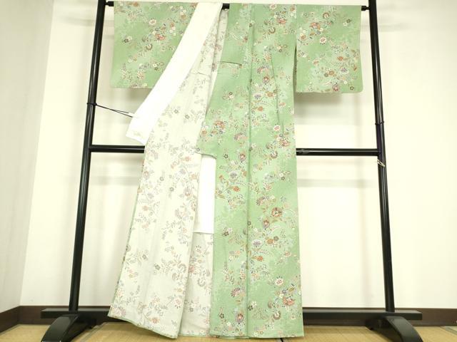 平和屋着物▽上質な小紋 単衣 更紗花文 金彩 正絹 逸品 DABE4674az