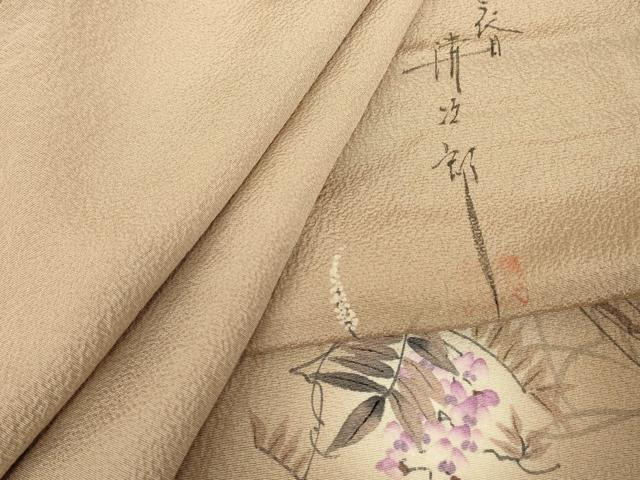 平和屋着物▽二代目清次郎監修 手描き 色無地 単衣 ワンポイント 枝垂れ藤 白茶色 正絹 逸品 DABE4679az