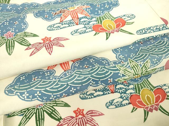 平和屋着物▽上質な紬 単衣 型染め 雲取り花文 正絹 逸品 DABE4685az