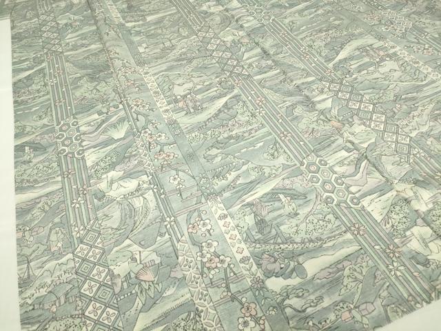 平和屋着物▽上質な小紋 単衣 紬地 人物風景文 正絹 逸品 DABE4692az