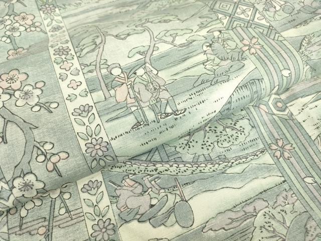 平和屋着物▽上質な小紋 単衣 紬地 人物風景文 正絹 逸品 DABE4692az